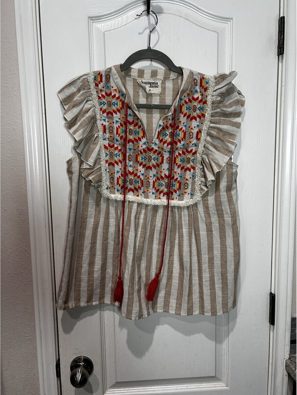 Savanna Jane Striped Embroidered Top Ruffle Peasant Boho Tan Tassle Tie Sz M